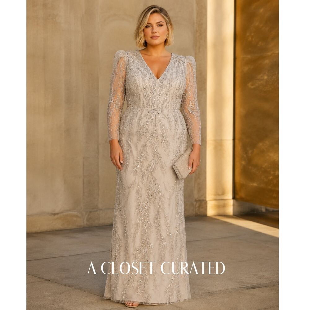 Mac Duggal Beaded Embroidered V-Neck Illusion Gown 20 NWT Style 20349